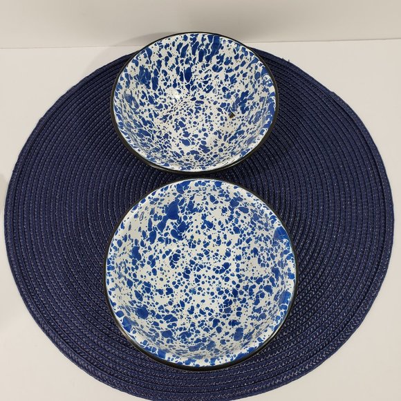Two Vintage Small Blue And White Swirl Graniteware, Enamel Ware Bowls 1940's - Picture 2 of 5